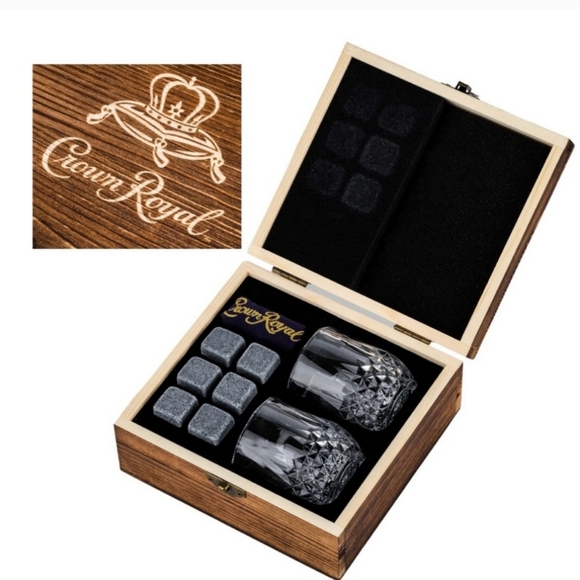 💜Crown Royal Whiskey Glass and Stones Set in Wooden Gift Box💜 - Picture 1 of 9